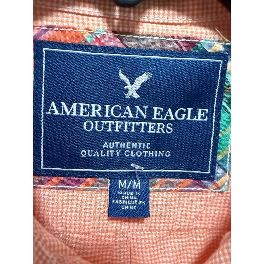 American Eagle Mens Orange Micro Check Long Sleeve Button Down Shirt Size Medium - Picture 2 of 3